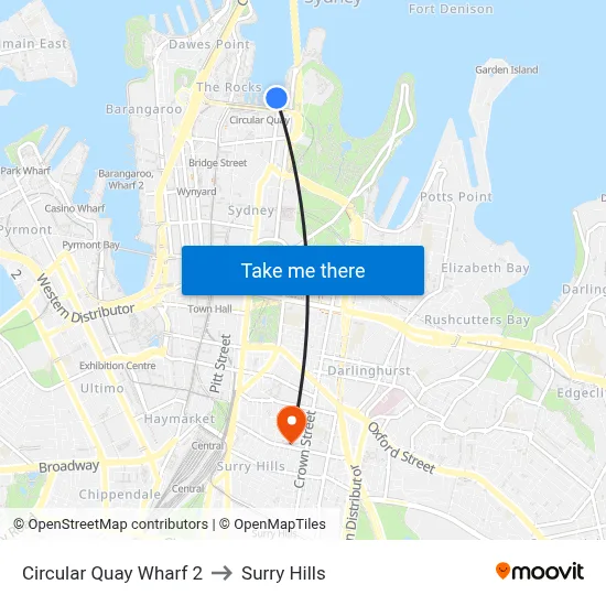 Circular Quay Wharf 2 to Surry Hills map