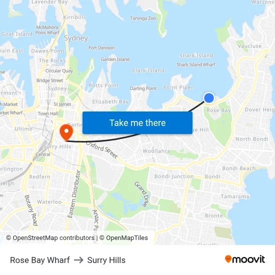 Rose Bay Wharf to Surry Hills map