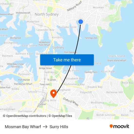 Mosman Bay Wharf to Surry Hills map