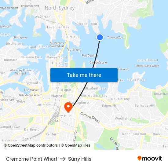 Cremorne Point Wharf to Surry Hills map