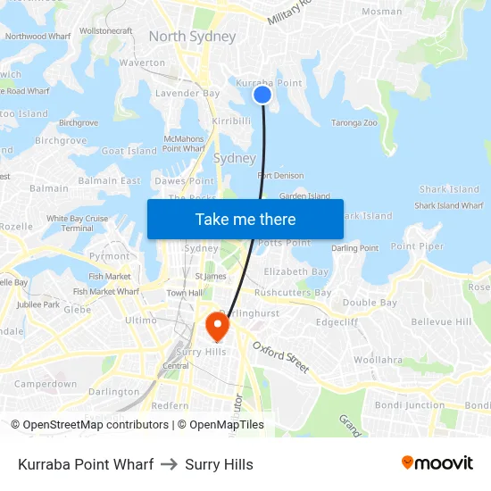 Kurraba Point Wharf to Surry Hills map