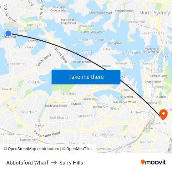 Abbotsford Wharf to Surry Hills map