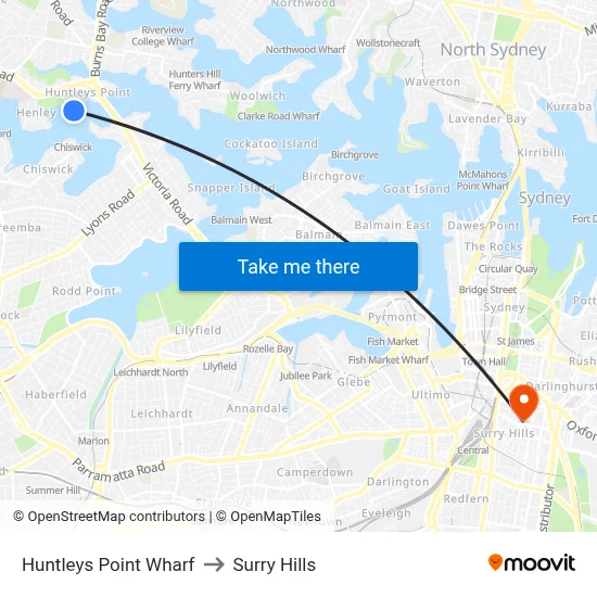 Huntleys Point Wharf to Surry Hills map