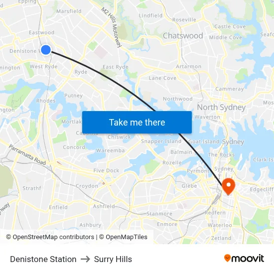 Denistone Station to Surry Hills map