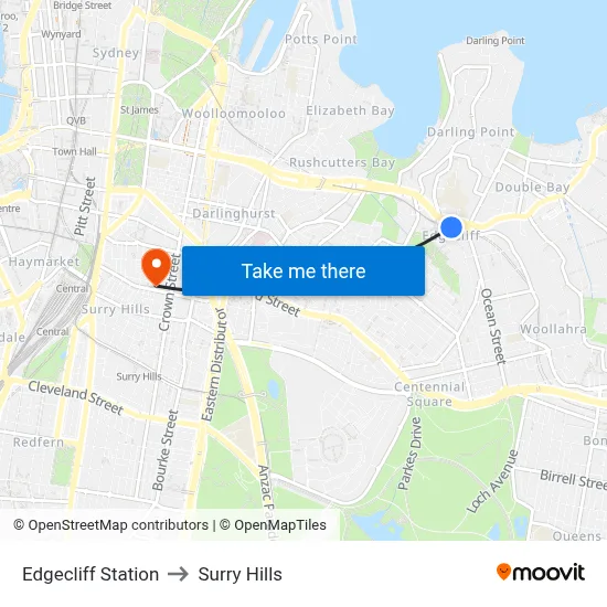Edgecliff Station to Surry Hills map