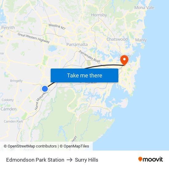 Edmondson Park Station to Surry Hills map