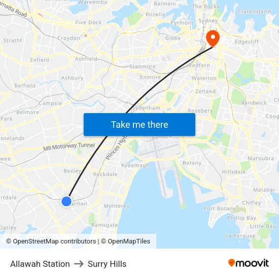 Allawah Station to Surry Hills map