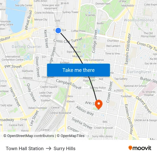 Town Hall Station to Surry Hills map