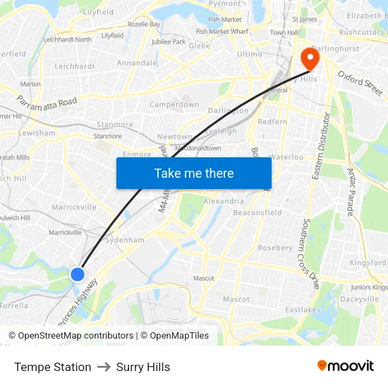 Tempe Station to Surry Hills map