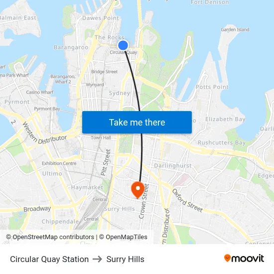 Circular Quay Station to Surry Hills map