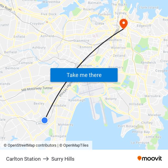Carlton Station to Surry Hills map