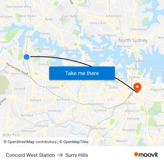 Concord West Station to Surry Hills map