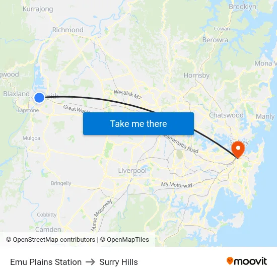 Emu Plains Station to Surry Hills map