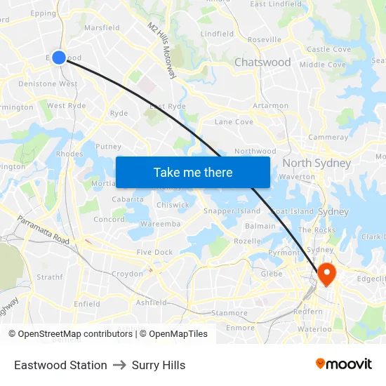 Eastwood Station to Surry Hills map
