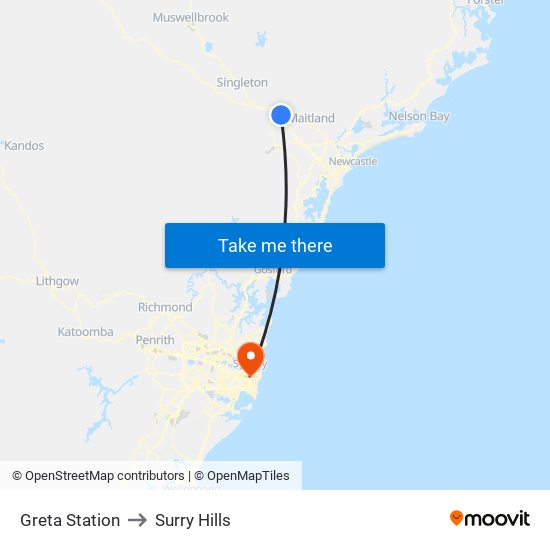 Greta Station to Surry Hills map