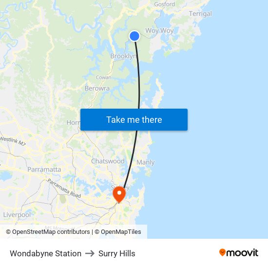 Wondabyne Station to Surry Hills map