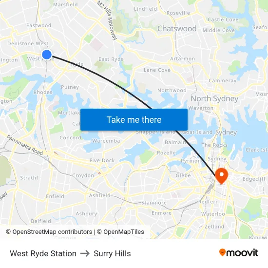 West Ryde Station to Surry Hills map