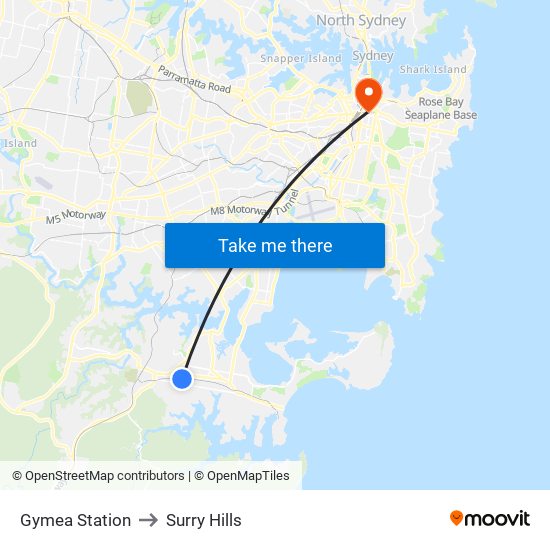 Gymea Station to Surry Hills map