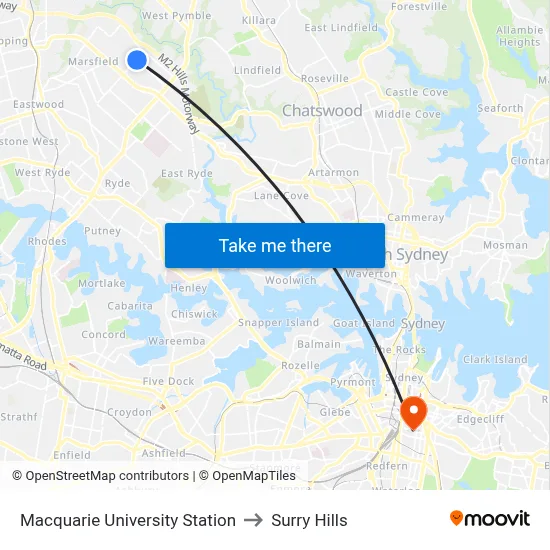 Macquarie University Station to Surry Hills map