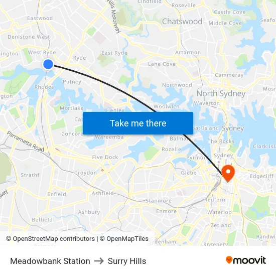 Meadowbank Station to Surry Hills map
