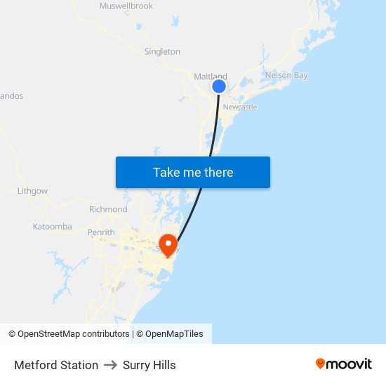 Metford Station to Surry Hills map