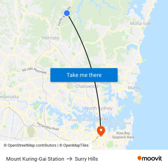 Mount Kuring-Gai Station to Surry Hills map