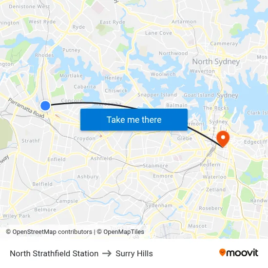 North Strathfield Station to Surry Hills map