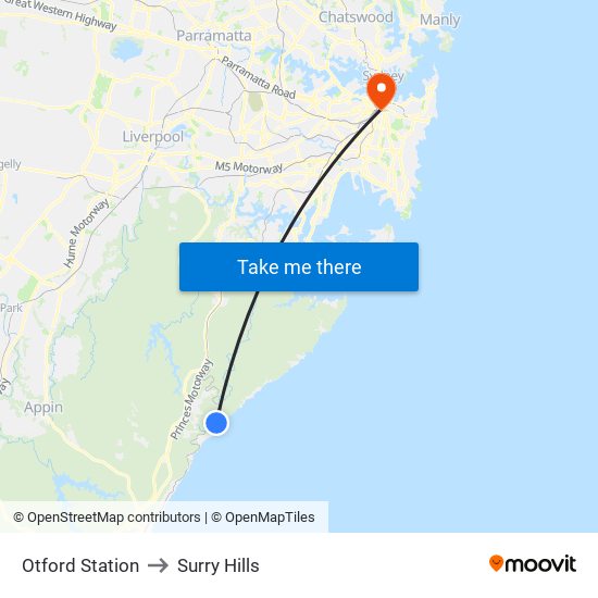 Otford Station to Surry Hills map