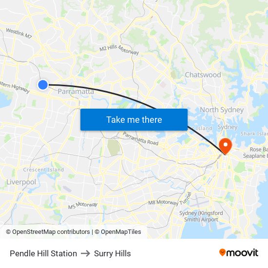 Pendle Hill Station to Surry Hills map