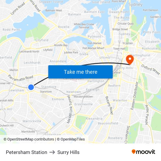 Petersham Station to Surry Hills map