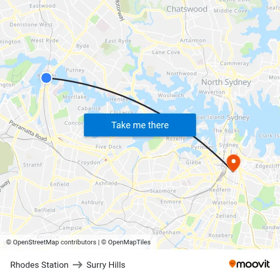 Rhodes Station to Surry Hills map