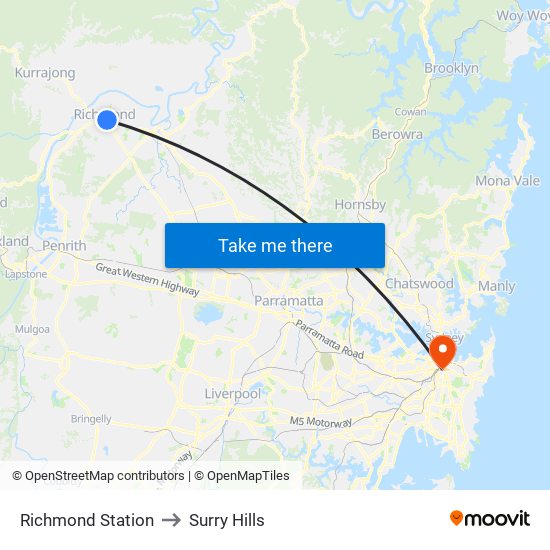 Richmond Station to Surry Hills map