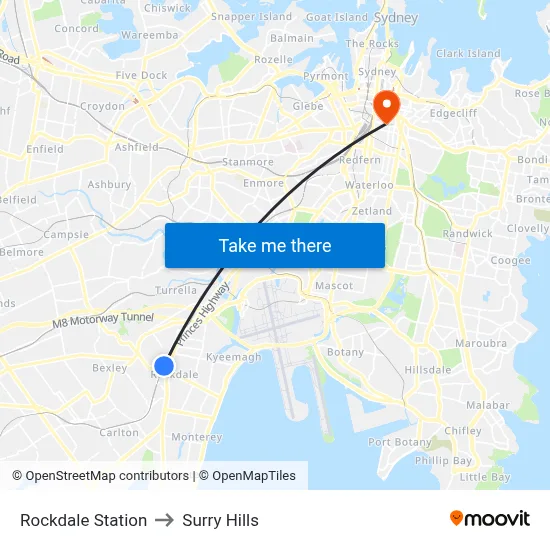 Rockdale Station to Surry Hills map
