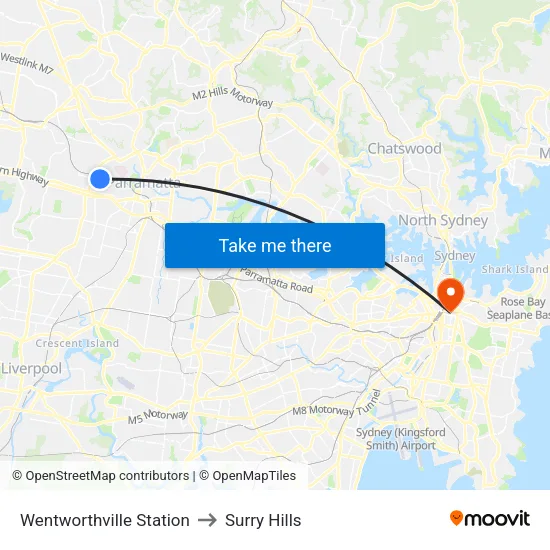 Wentworthville Station to Surry Hills map