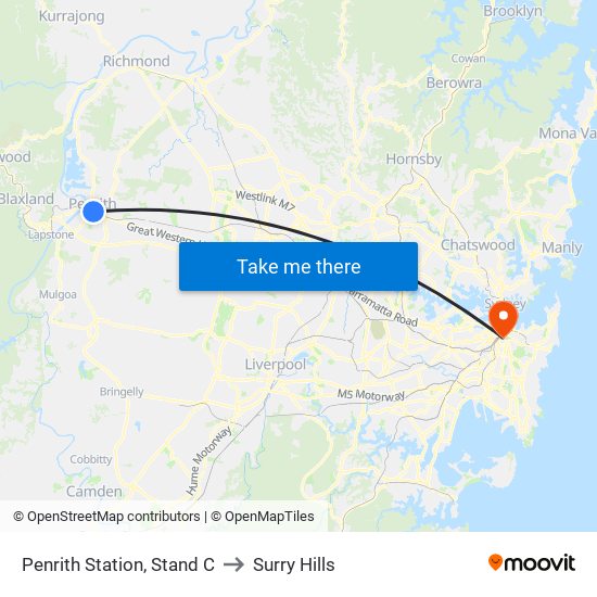 Penrith Station, Stand C to Surry Hills map