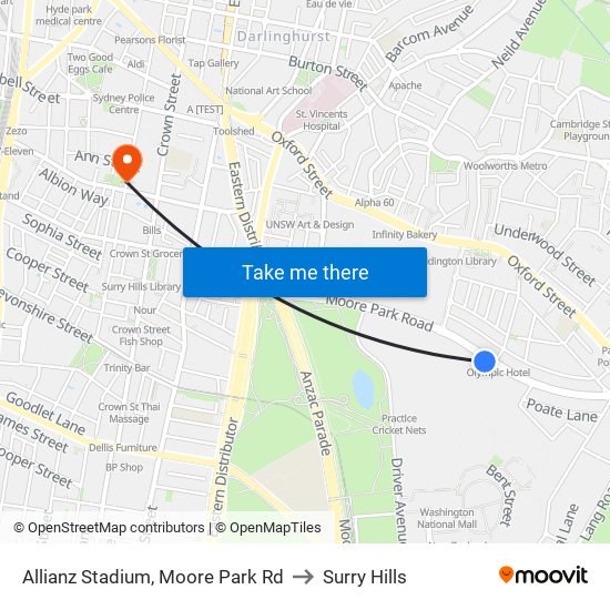 Allianz Stadium, Moore Park Rd to Surry Hills map