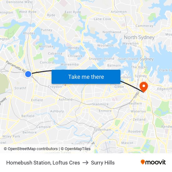 Homebush Station, Loftus Cres to Surry Hills map