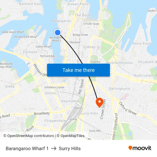 Barangaroo Wharf 1 to Surry Hills map
