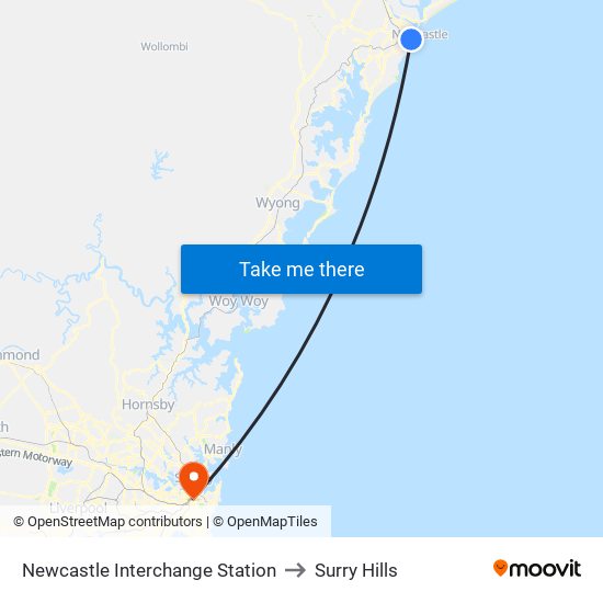 Newcastle Interchange Station to Surry Hills map