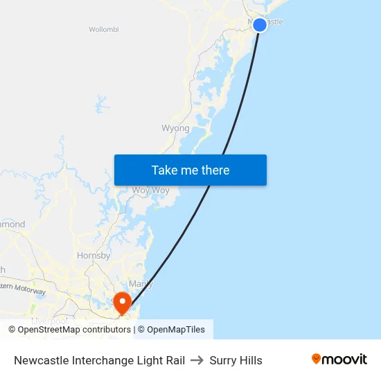 Newcastle Interchange Light Rail to Surry Hills map