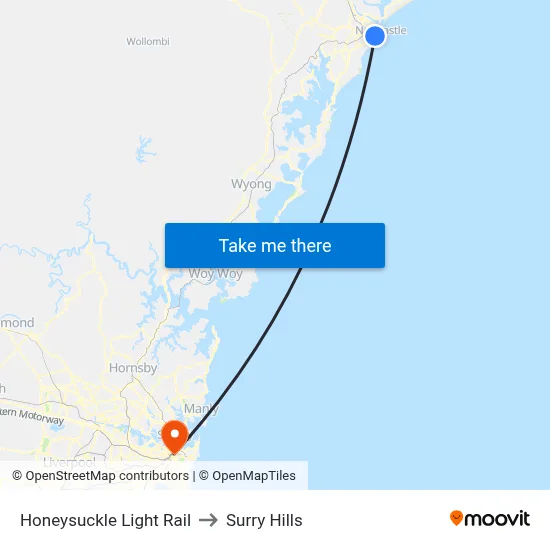 Honeysuckle Light Rail to Surry Hills map