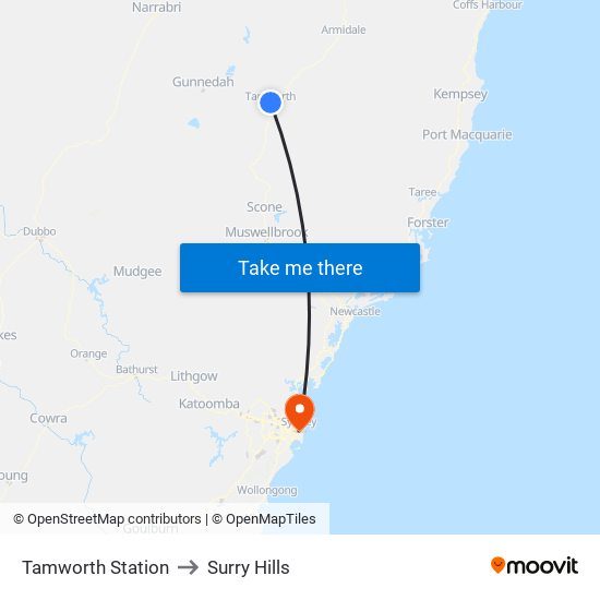 Tamworth Station to Surry Hills map