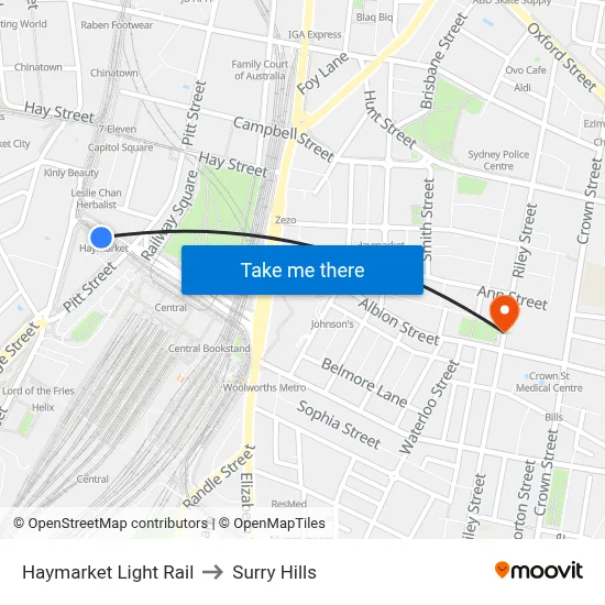 Haymarket Light Rail to Surry Hills map