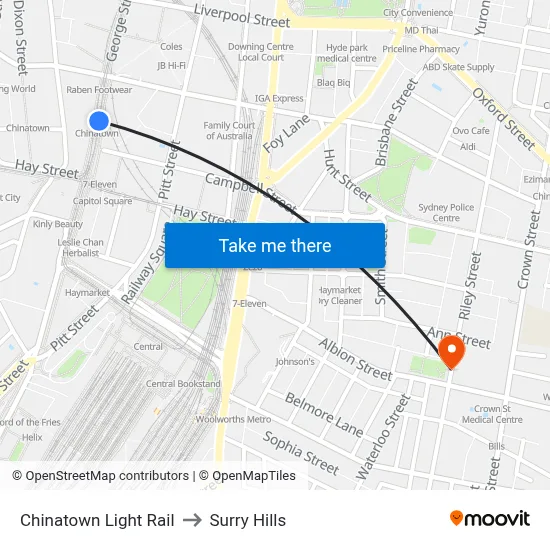 Chinatown Light Rail to Surry Hills map