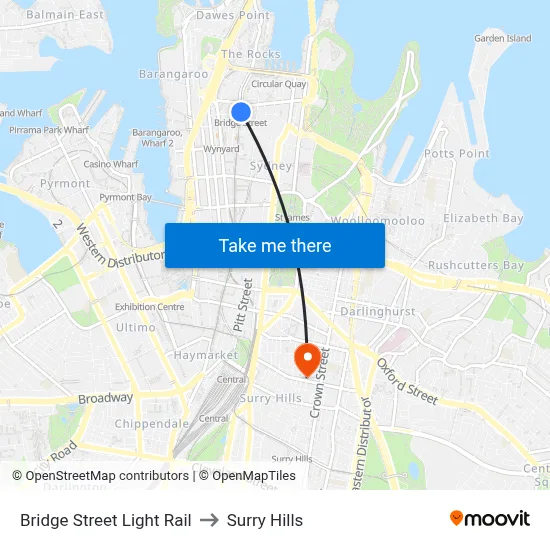 Bridge Street Light Rail to Surry Hills map