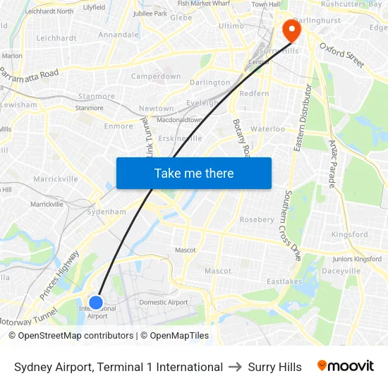 Sydney Airport, Terminal 1 International to Surry Hills map