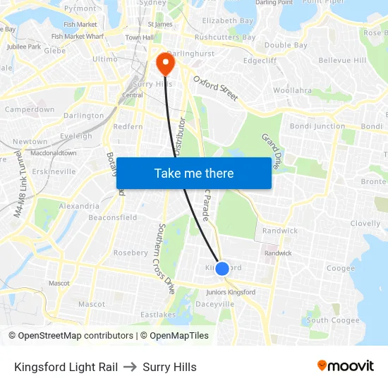 Kingsford Light Rail to Surry Hills map