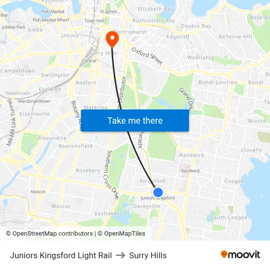 Juniors Kingsford Light Rail to Surry Hills map