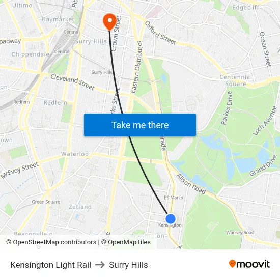 Kensington Light Rail to Surry Hills map