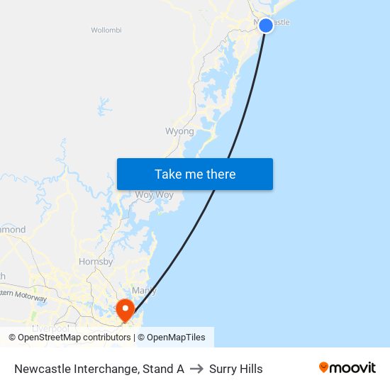 Newcastle Interchange, Stand A to Surry Hills map